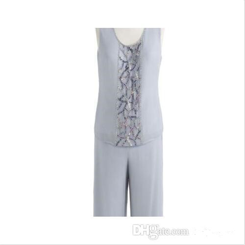 2019 Mother of the Bride Suits Pant Suit Three Pieces Chiffon Mother of the Bride Dresses Long Sleeve Beads Wedding Guest Gowns