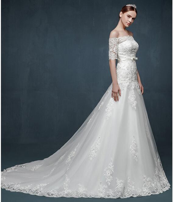 Wedding gown Charming Bateauty bridal dress princess off shoulder Wedding Dresses Bridal Gowns with Sash Bow Sweep Train Custom Made BD017
