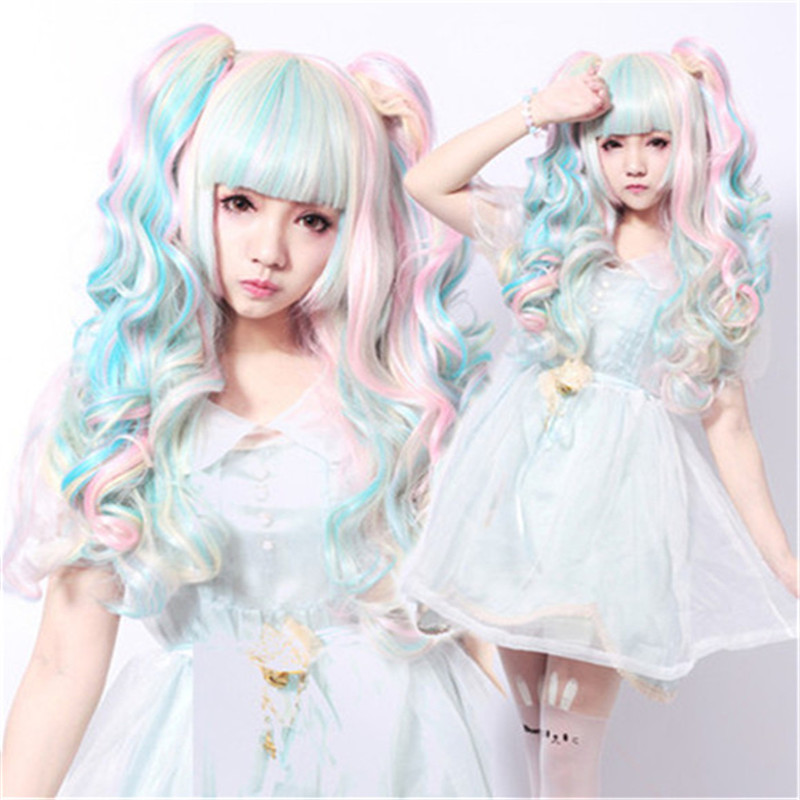 Two claw clip ponytail wig WoodFestival Wavy long wigs for women Synthetic hair cosplay wig with bangs Pink purple blue black white beige blonde
