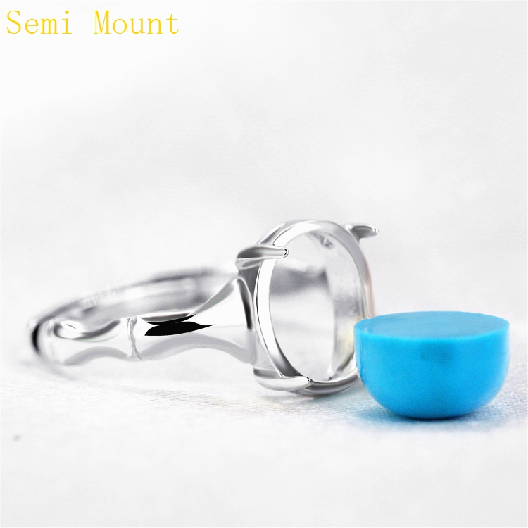 Sterling Silver 925 Plated White Gold Engagement Wedding Ring Semi Mount 8x10mm Oval Cabochon Fine Jewelry for Opal Amber Agate Setting