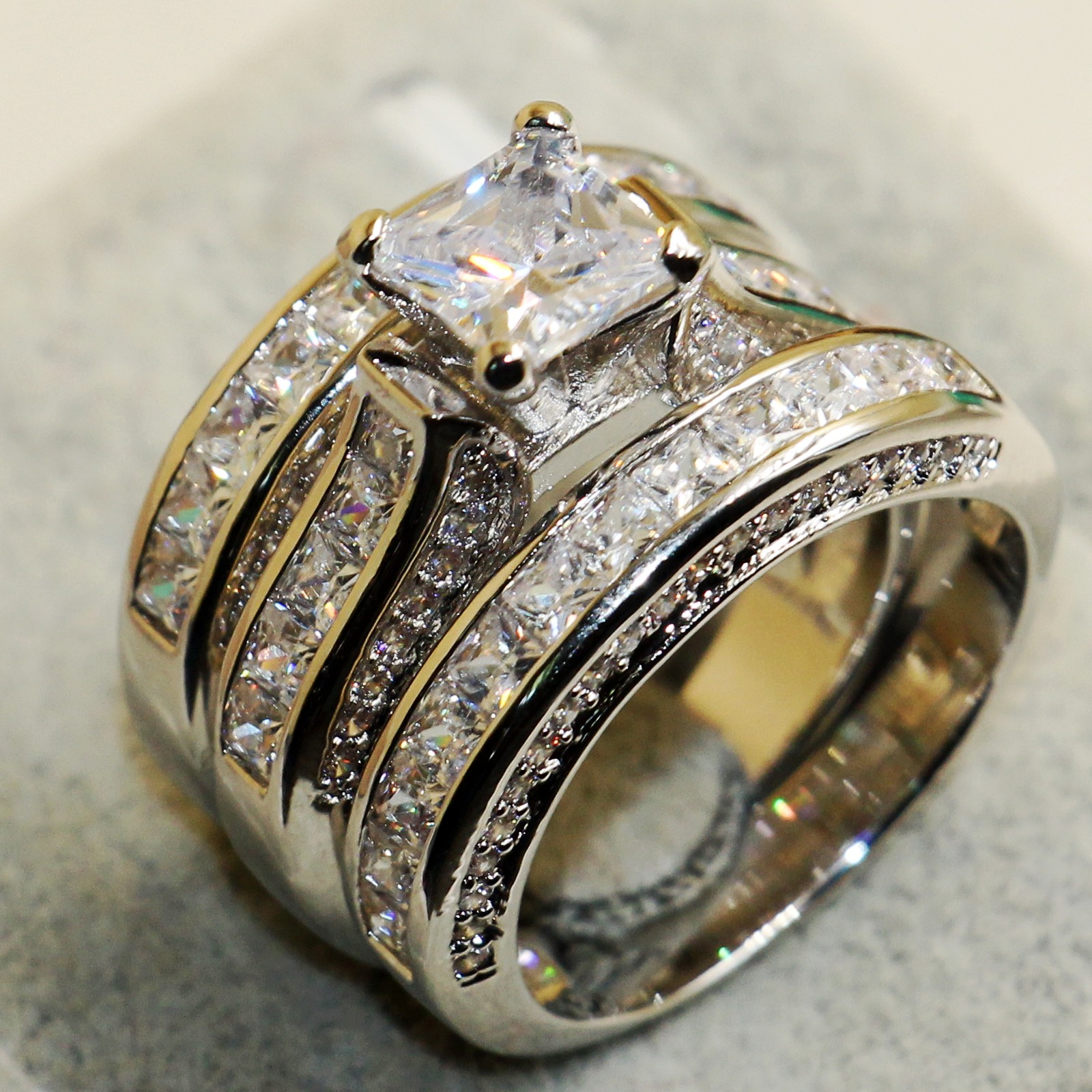 7mm Sterg Sier White Topaz Princess Cut Wedding Band Ring with Side Stones - Sier, Size 5-11 4 , 511