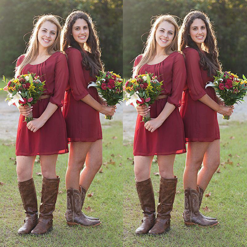 New Arrival 2016 Country Style Short Bridesmaid Dresses Under 100 Cheap Scoop Dark Red Chiffon 3/4 Long Sleeves Casual Formal Gown EN3225
New Arrival 2016 Country Style Short Bridesmaid Dresses Under 100 Cheap Scoop Dark Red Chiffon 3/4 Long Sleeves Casual Formal Gown EN3225