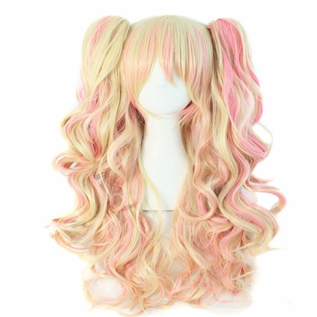 Double ponytail clip wig WoodFestival Long wavy synthetic wigs three sets Purple pink white black heat resistant fiber hair women