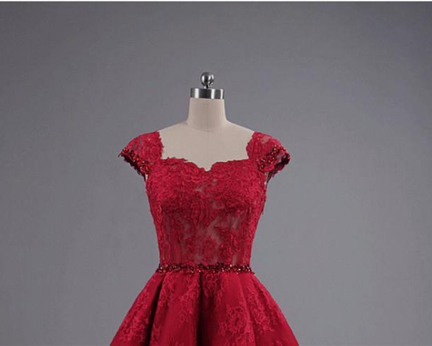 High Low Appliqued Lace Prom Dresses Square Neckline Cap Sleeve Evening Gowns Custom Made Prom Dress