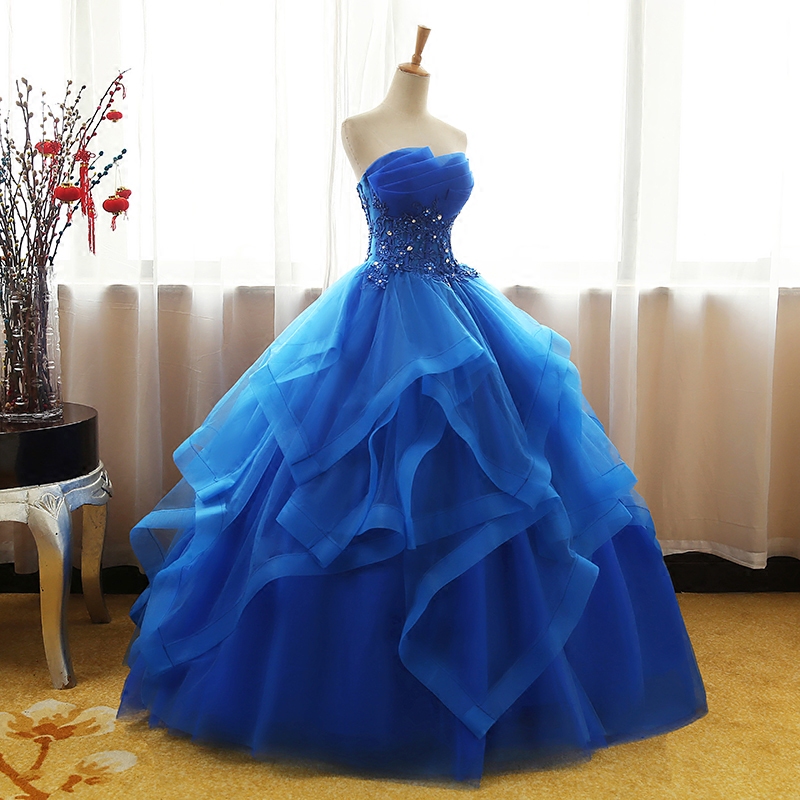 Fancy Royal Blue Prom Dress Ball Gown Quinceanera Dresses Strapless Lace-up Back Organza Layers Tulle Floral Applique with Shining Sequins