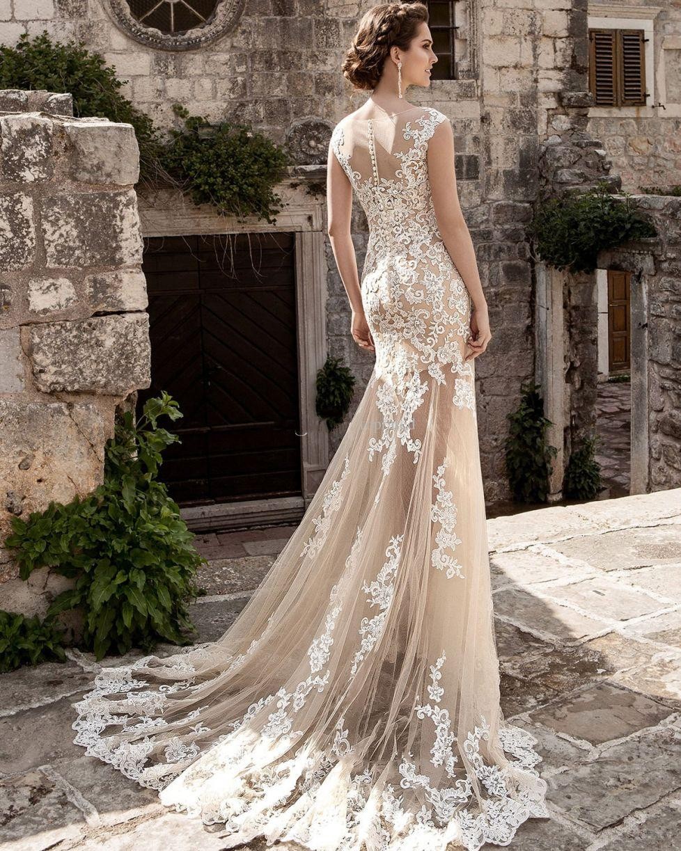 Champagne Full Lace Dresses Over Skirts Tulle See Through Vintage Appliqued Sash Detachable Train Boho Bridal Wedding Gowns