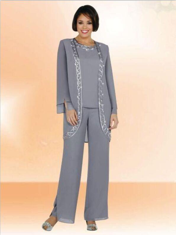 Modest 2019 Grey Chiffon Mother Of The Bride Pant Suits With Long Sleeve Jacket Jewel Neck Column Embroidery Grey Formal Suits Custom Made