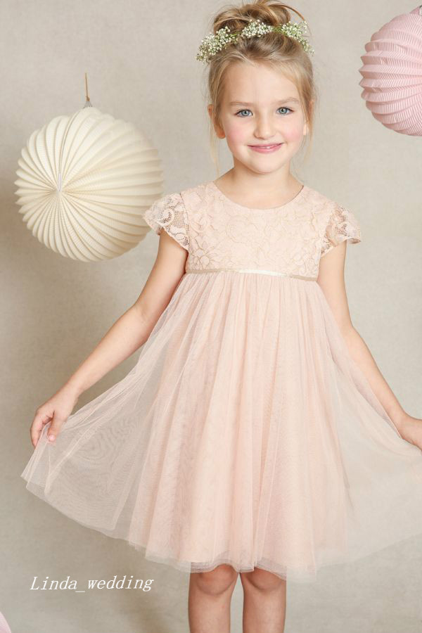 Free Shipping Cute Short Pink Flower Girl Dresses High Quality Tulle Lace Spring Pretty Kids First Communion Dress For Girls