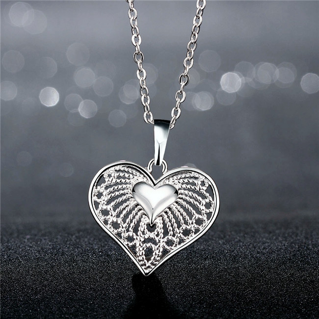 Brand new women's heart shape hollow Pendant Necklace sterling silver plate necklace ,hot sale fashion 925 silver necklace christmas gift