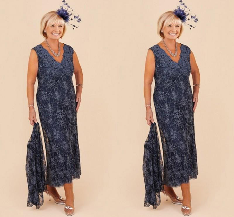 Modest Lace Mother of the Bride Dresses V-Neck Sleeveless With Skirt Ankle-Length Mother of the Bride Dresses Sheath Prom Gowns Cheap