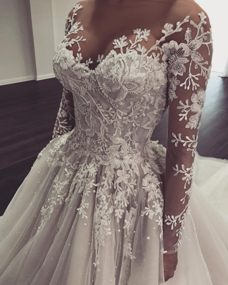 Lace Ball Gown Wedding Dresses 2019 Fall Plus Size Sheer Beach Bridal Gowns with Long Sleeves Beach Pearls Bridal Dress