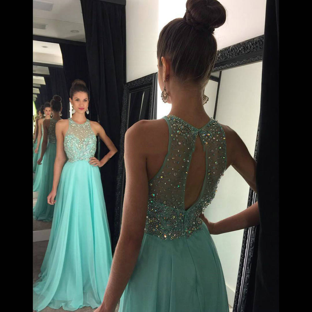 Beautiful Aqua Prom Dresses 2016 Sheer O Neckline Beaded Sequins Chiffon Long Party Prom Gowns