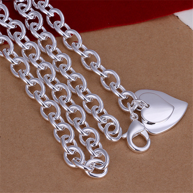 Hot sale Double Heart brand Crude necklace sterling silver plate necklace STSN252,wholesale fashion 925 silver Chains necklace