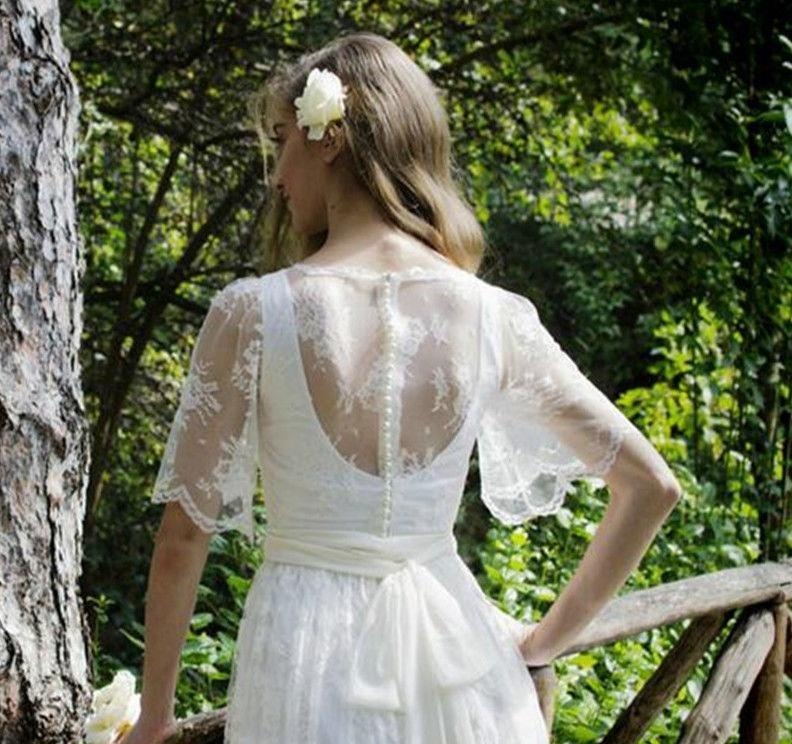 Bohemian Fairy Lace Wedding Dress Jewel Half Sleeves Long Sheer Modest Country Sweep Train Beach Maternity Bridal Gowns