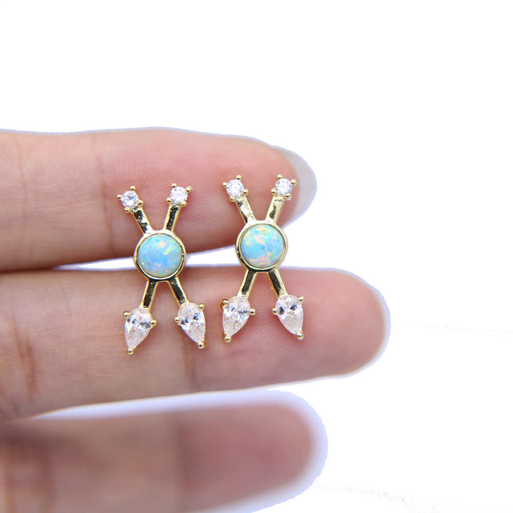 european Criss X design White cz with green fire opal unique fashion classic women ladies gold plated cross earring