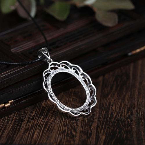 Real Sterling Silver 925 Retro Vintage Party Pendant Semi Mount Oval Cabochon 19x23mm for Amber Agate Opal Turquoise Lapis lazuli Setting