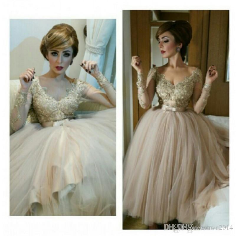 Sheer Lace Long Sleeve Tea Length Evening Dresses with V-neck Beaded Applique Arabic Celebrity Dress Champagne Prom Cocktail Dresses