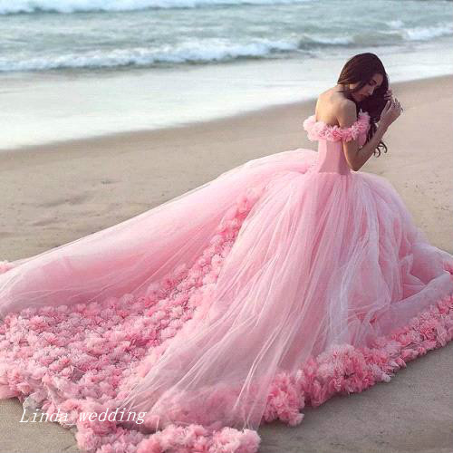 New Arrival Romantic Pink Wedding Dresses Puffy Ball Gown Off The Shoulder Backless Long Dream Princess Bridal Party Gowns