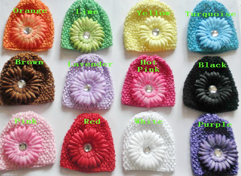 50pcs baby waffle caps crochet hats hair flower clips beanie with lily peony daisy flower girl toddler stretchy caps MZ9111