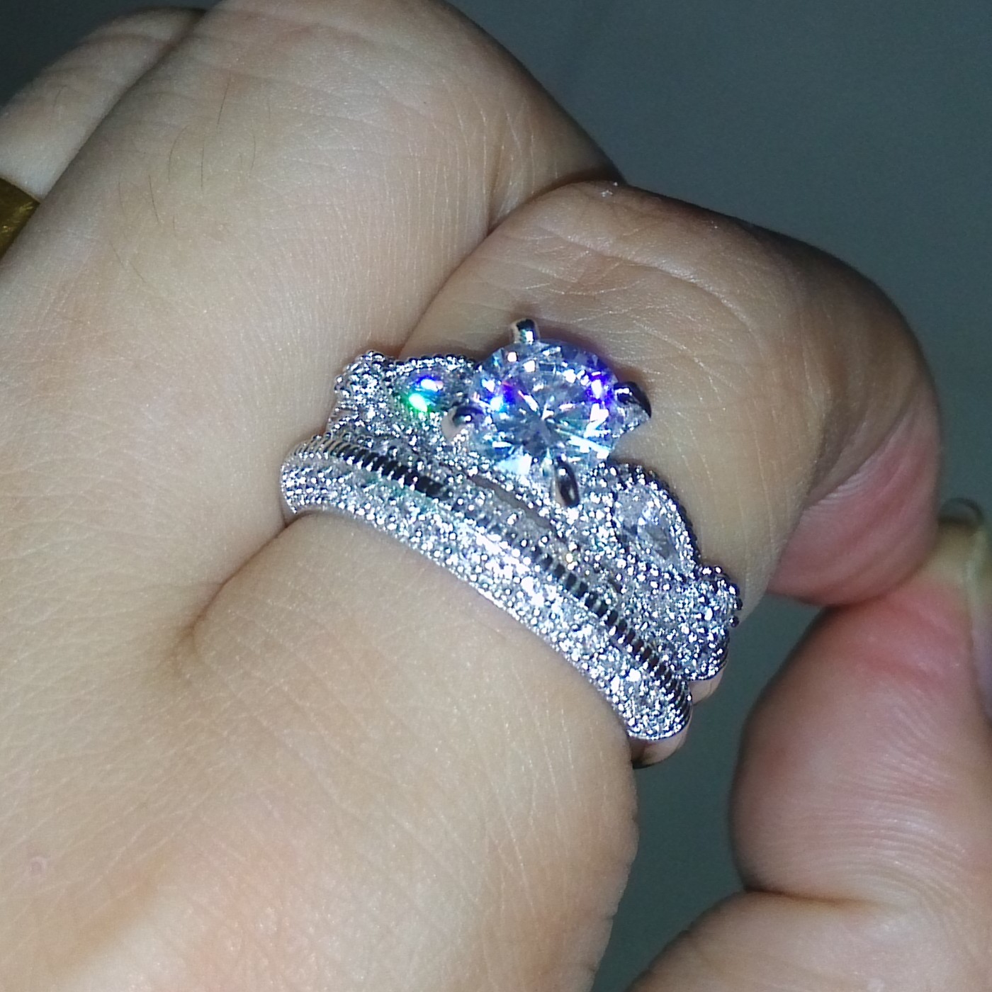 Sterg Sier Round Cut Simulated Dia Wedding Engagement Ring Set for Women Size 5-11, Pave Prong Setting, Cubic Zirconia, White Topaz & CZ, Bohemian Sty