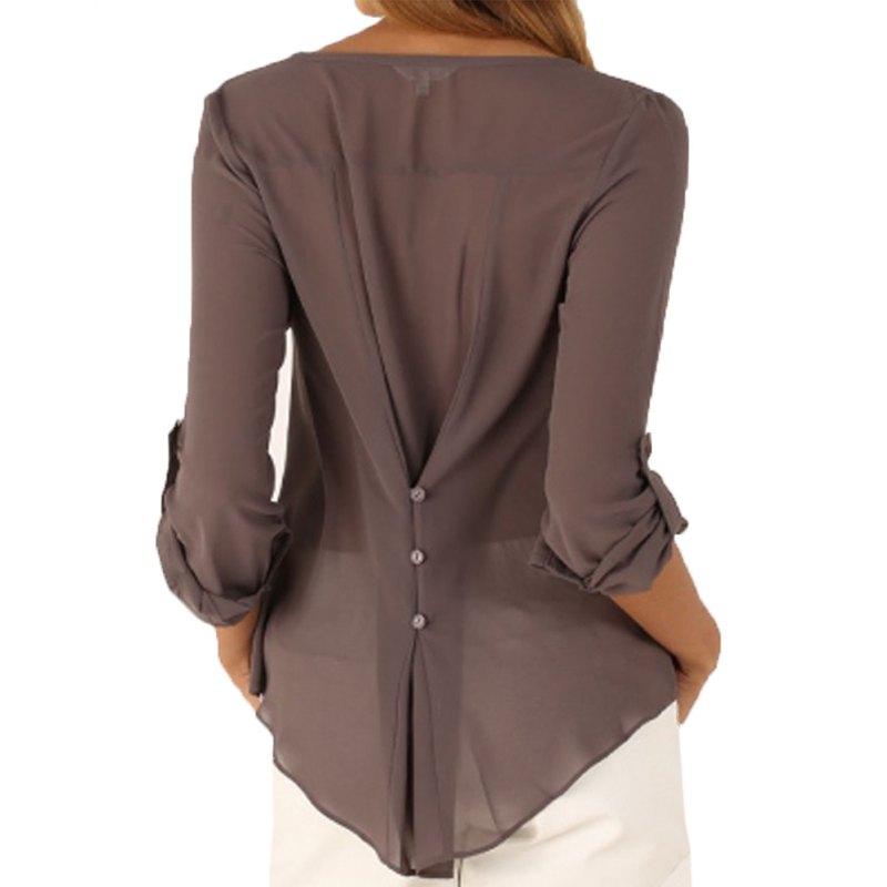 Wholesale-Deep V Neck Casual Chiffon Blouses Long Sleeves Gray Blusas Loose Casual Club Party Women Shirts Tops KL075
