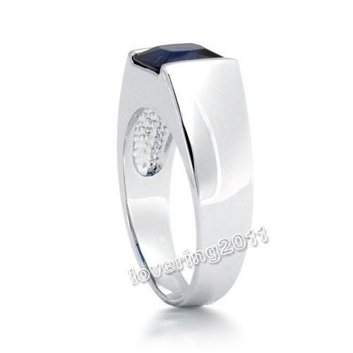 Free shipping 100% Brand New Size 8-12 Jewellery Antique Men's 925 Sterling Silver Princess Cut blue Sapphire Wedding Ring for love gift