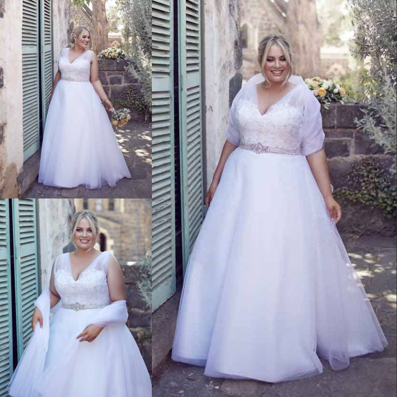 White Plus Size Lace Wedding Dresses With Wrap V Neck A-Line Custom Made Beaded Bridal Gowns Sweep Train Tulle Crystals Wedding Dress
White Plus Size Lace Wedding Dresses With Wrap V Neck A-Line Custom Made Beaded Bridal Gowns Sweep Train Tulle Crystals Wedding Dress