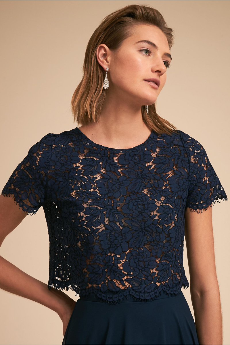 Dark Navy 2 Pieces Bridesmaid Dress Floral Lace Top and Chiffon Skirts Accept Custom made Wedding Party Dresses