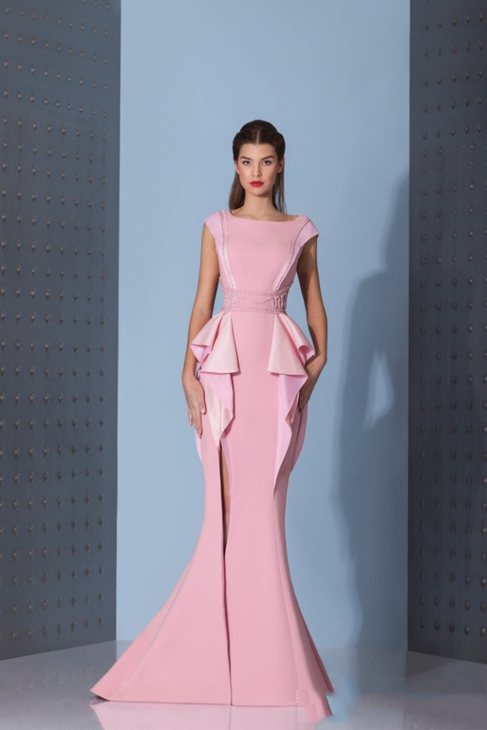Modest Evening Pink Light Scoop Neckline Short Capped Sleeves Prom Dresses Peplum Mermaid Formal Party Gowns Custom Made Side Split
