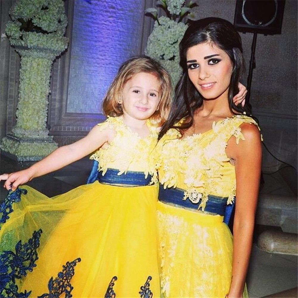 2019 Yellow and Royal Blue Lace Little Flower Girls' Dresses Bridal Party Cinderella Princess Style Ball Gowns For Weddings Kids Sale Cheap