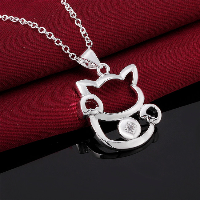 Christmas gift Cat shape pendant necklace white gemstone sterling silver plated necklace STSN591,fashion 925 silver necklace factory direct