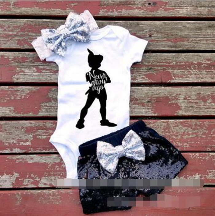 INS Letters Girl Rompers Suit Children Short Sleeve Triangle Rompers Sequins Shorts Bowknot Hair Band 3pcs Sets Baby Clothing 7 Style DHT191