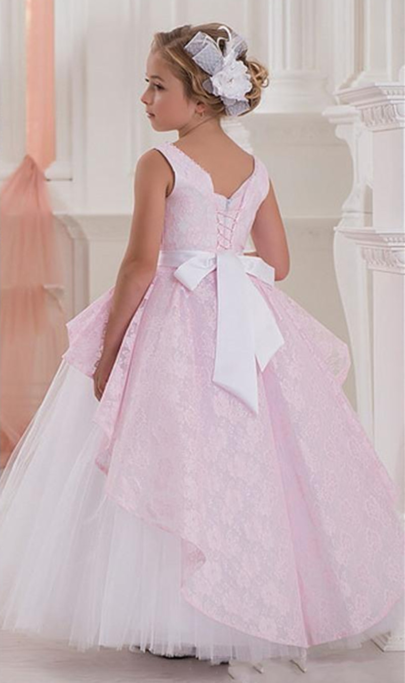 Cute Pink Ball Gown Beaded Flower Girls Dresses For Weddings Sleeveless Lace Little Girls Dresses Princess First Communion Dresses