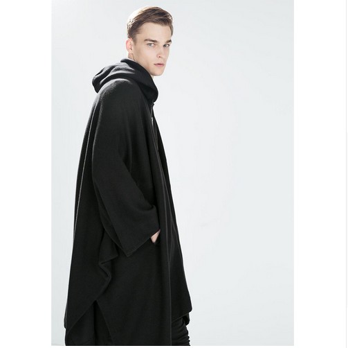 2016 Harajuku Gothic Clothing British Style Fashion Mens Wool Cloak Cape Long Black Hooded Trench Coat Men Windbreaker Overcoat