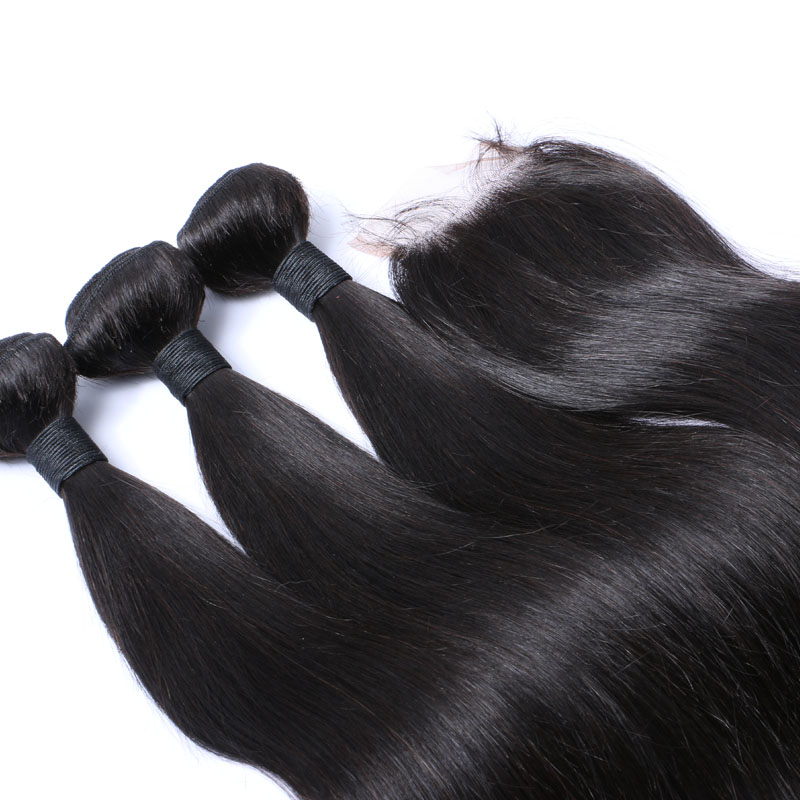 Brazilian Straight Hair Bundles With Closure Human Hair Weaves Closure 3Bundles With Lace Closure 4x4 Free Part Natural Color 1B Color