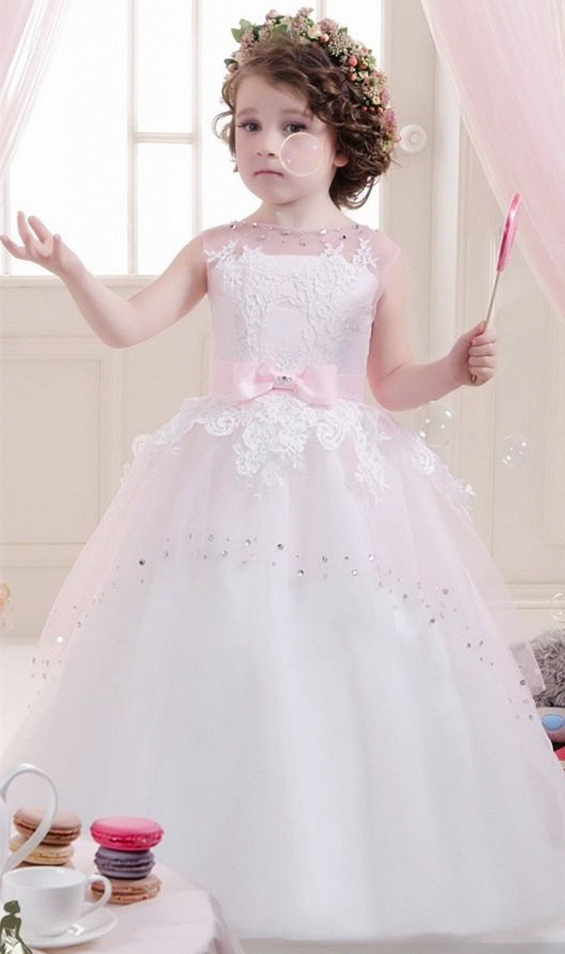 New Fashion Sheer Neck Lace Flower Girl Dresses Rhinestones Tulle Children Wedding Dresses Elegant Little Girl Pageant Dresses