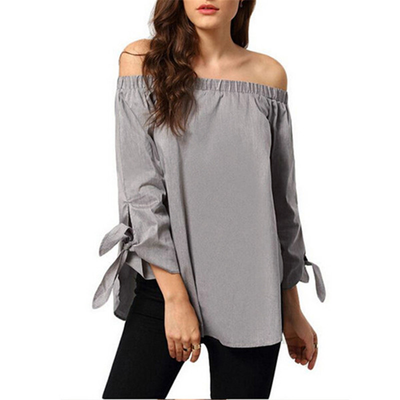 Wholesale-Blusas 2016 Summer Women Sexy Slash Neck Off Shoulder Strapless Long Sleeve Bowknot Blouse Top Casual Loose Shirt dress 4 Color