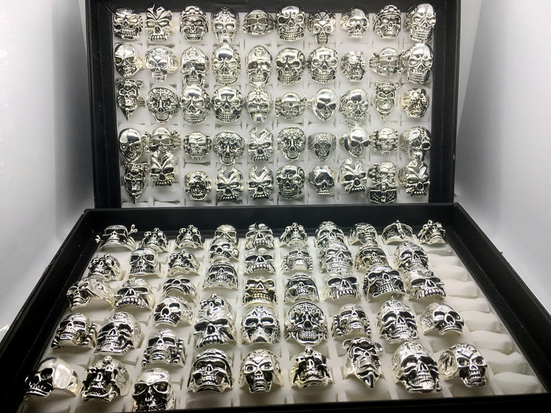 Whole 50pcs lot Gothic Big Skull Ring Bohemian Punk Vintage Antique Silver Mix Style Mens Fashion Jewelry Skeleton Ring Size 2261c