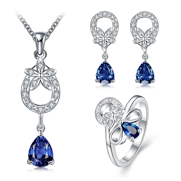 Wedding fashion 925 silver necklace earring ring a famliy of three jewelry three drop sets STSS091B sterling silver purple gemstone rings