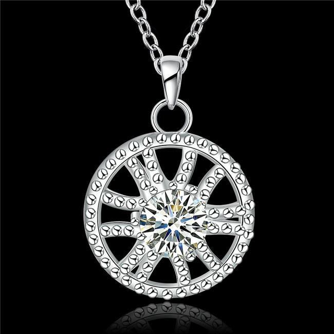 Hot sale round shape hollow Pendant necklace white gemstone sterling silver plate necklace STSN747,fashion 925 silver necklace factory