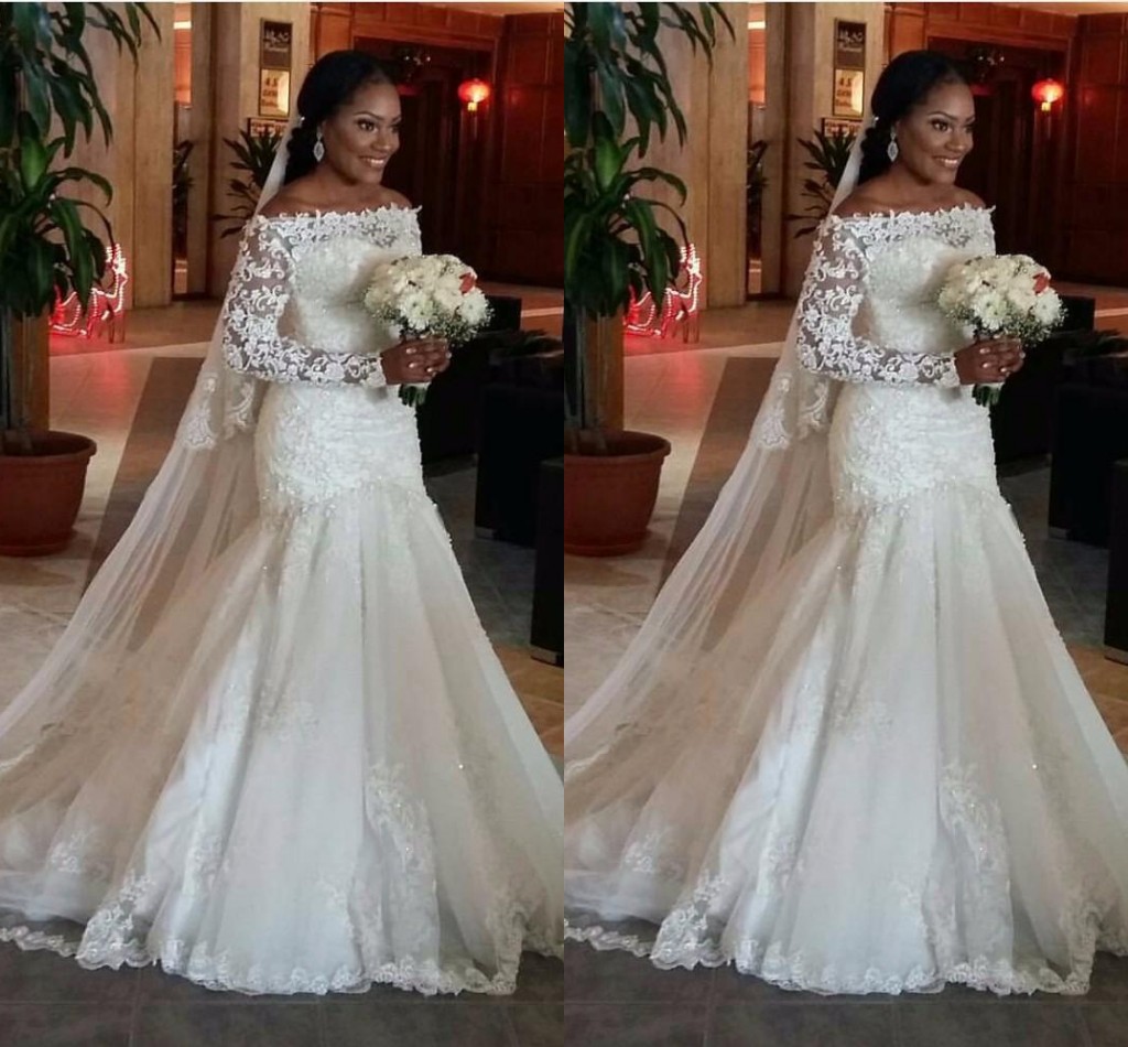Mermaid Wedding Dresses 2017 Cheap Off Shoulder Long Sleeves Lace Appliques Beaded Plus Size Sweep Train Custom Wedding Dress Bridal Gowns, White
Mermaid Wedding Dresses 2017 Cheap Off Shoulder Long Sleeves Lace Appliques Beaded Plus Size Sweep Train Custom Wedding Dress Bridal Gowns, White
