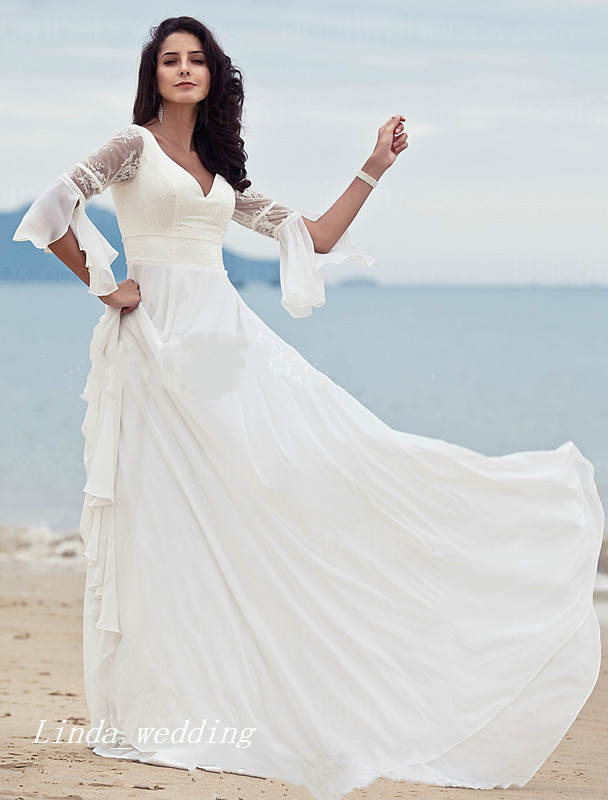 High Quality Wedding Guest Dresses A Line V Neck Floor Length Long Backless Chiffon Lace Women Wear Bridal Party Gowns