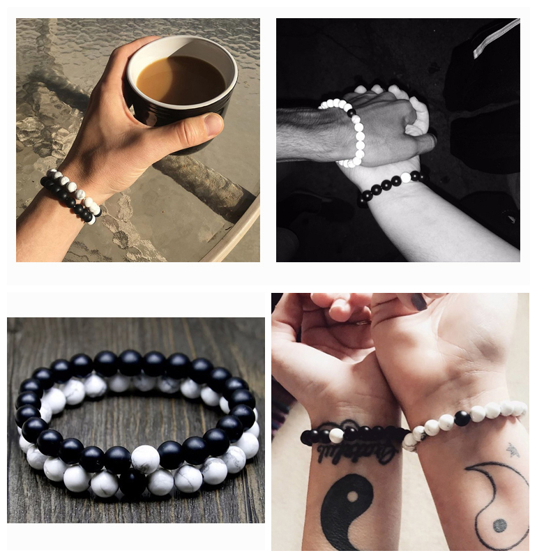 His and Hers Couple Bracelet White Turquoise&Strands Black Matte Agate Stones Wrist Strap accessories Gift Valentine's Day Holiday Christmas Symb