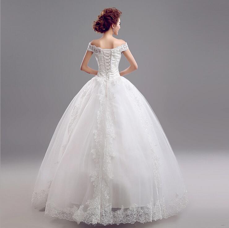 Wedding dress Charming Bateau Neck Lace princess off shoulder Wedding Dresses Bridal Gowns with Sash Bow Sweep Train Custom Made BD02