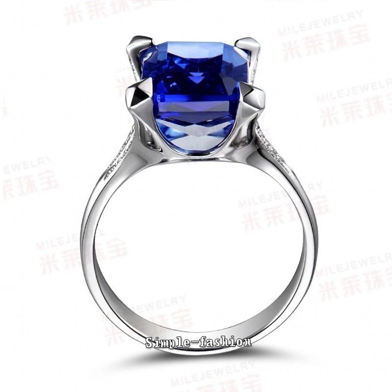 Men's 6ct Sapphire CZ Dia Sterg Sier Handmade Prong Set Wedding Band, Sizes 7-13