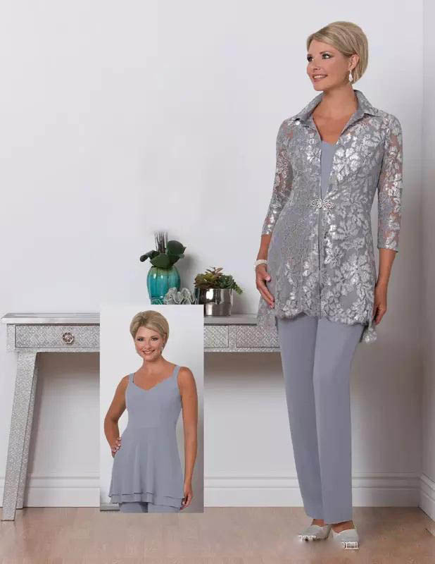 3 Pieces Mother Of the Bride Plus Size Pant Suit Scalloped Neck Mothers Suit With Lace Jacket Formal Evening Dresses for Mother