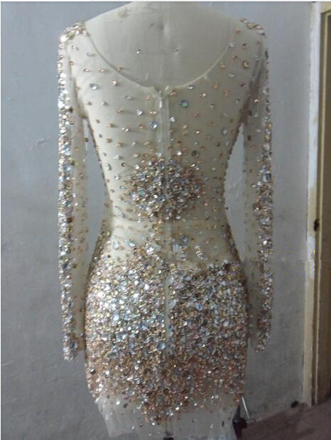 Long Sleeves V Neck Beaded Crystal Prom Dress Short 2019 Sexy Sheer Back Prom Gowns Real Photo