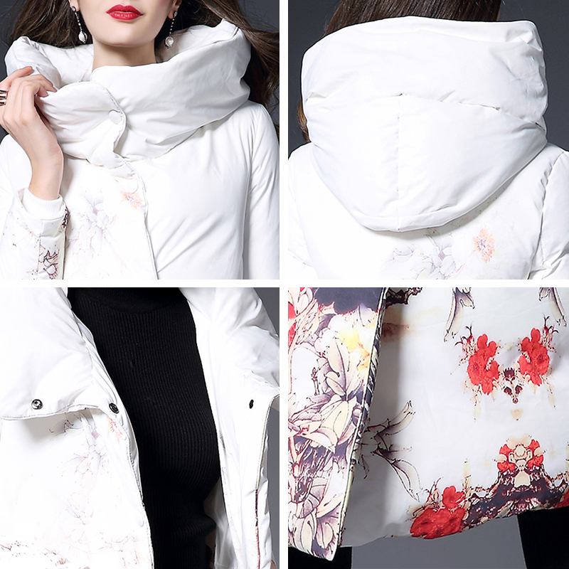Wholesale- 2017 International brand Flower printing women winter jacket Long slim women Parka Coat White high collar warm Down jackets