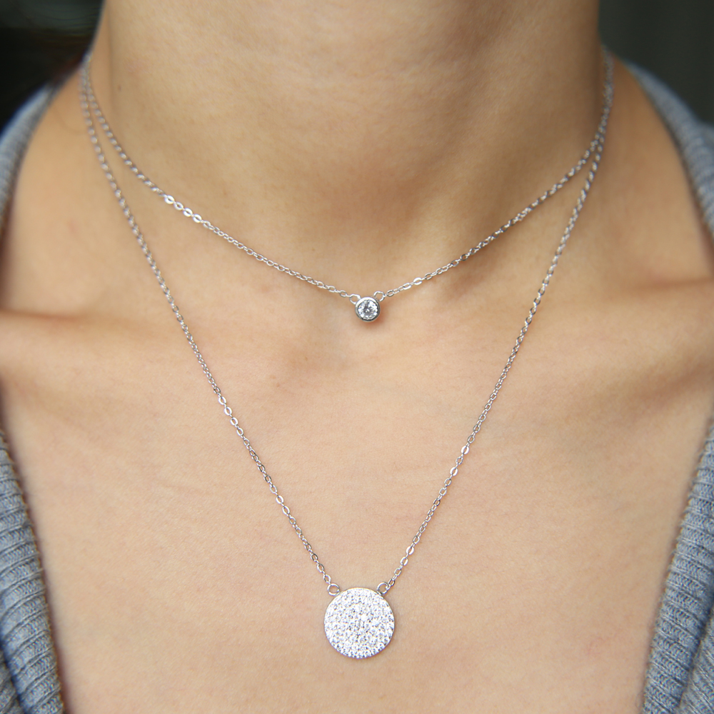 925 sterling silver factory top quality fine fashion big micro pave cz disco charm double layer elegant silver cz necklace