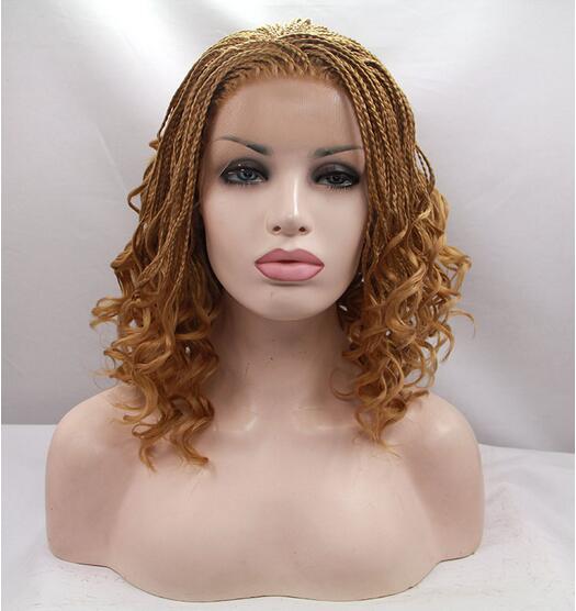 African American Long Synthetic Braid Lace Front Wigs for Women Heat Resistant Brown Curly Micro Braided Wig Hair